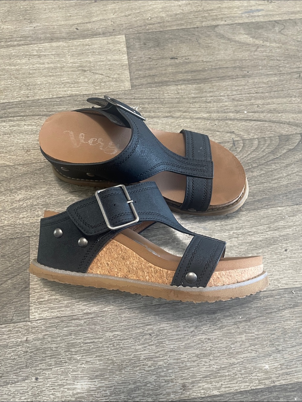 Very G Black Cork Wedge Sandals